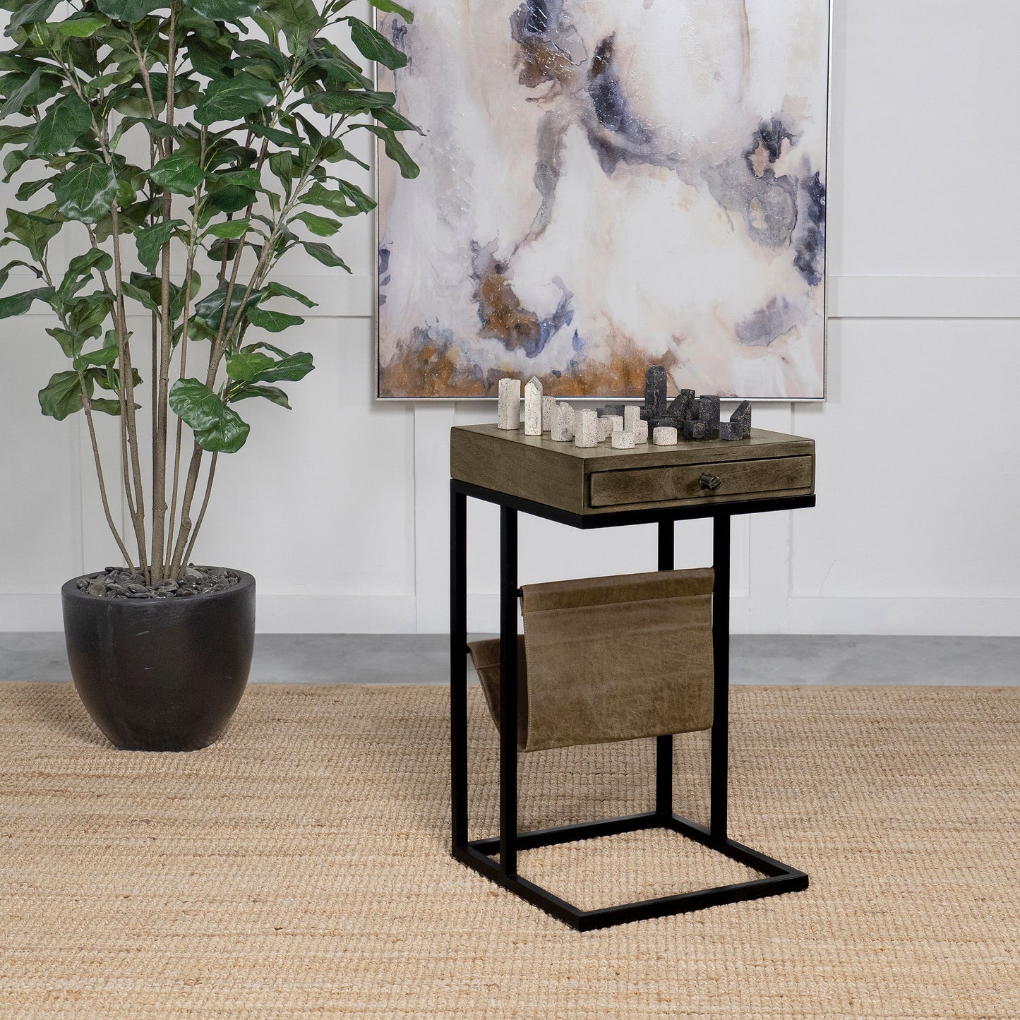 Chessie 1-drawer Square Side Table With Leatherette Sling Tobacco and Black