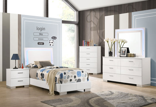 Felicity 5-piece Twin Bedroom Set with LED Headboard and Mirror Glossy White