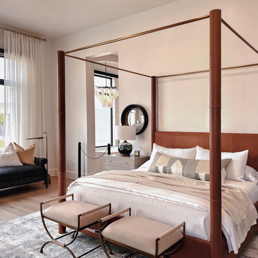 Canopy bed with upholstered headboard and nightstand
