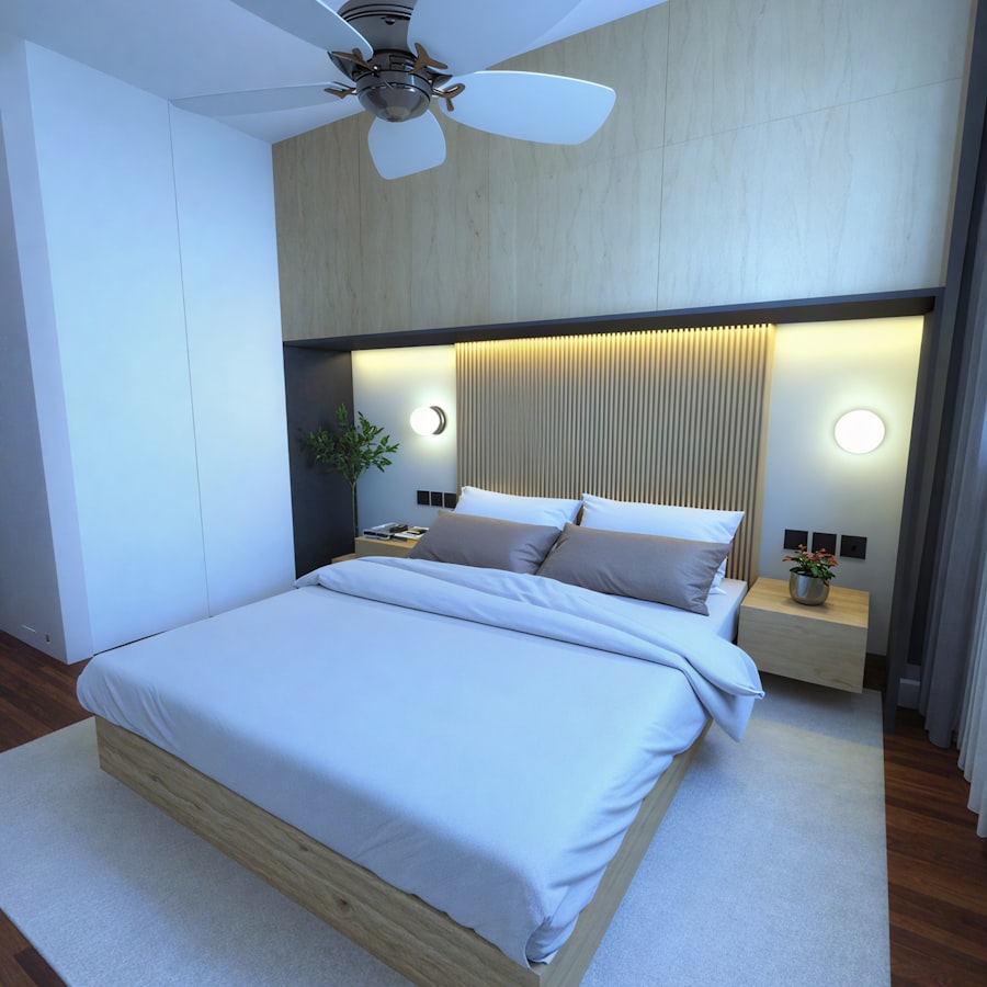 Wood platform bed with nightstand and ambient lighting