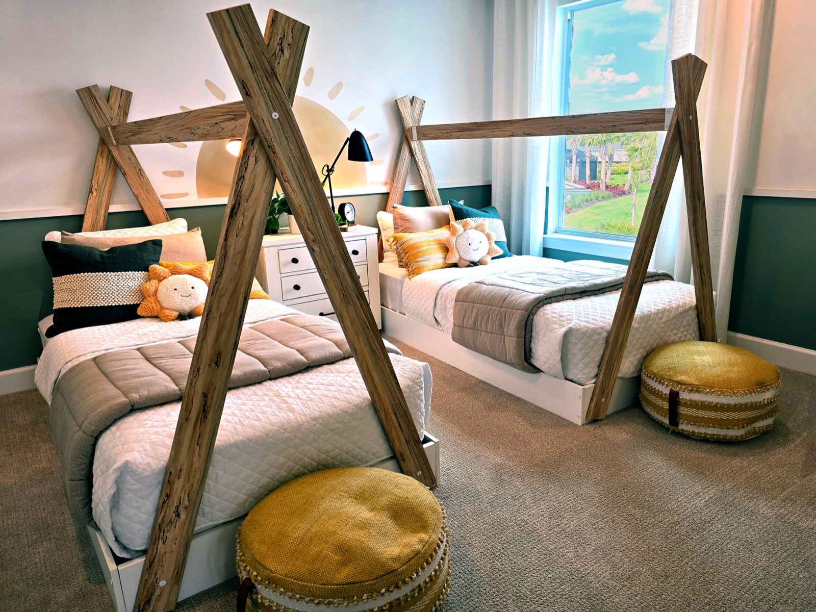 Twin bed in a child's bedroom, the standard size for kids rooms and bunk frames