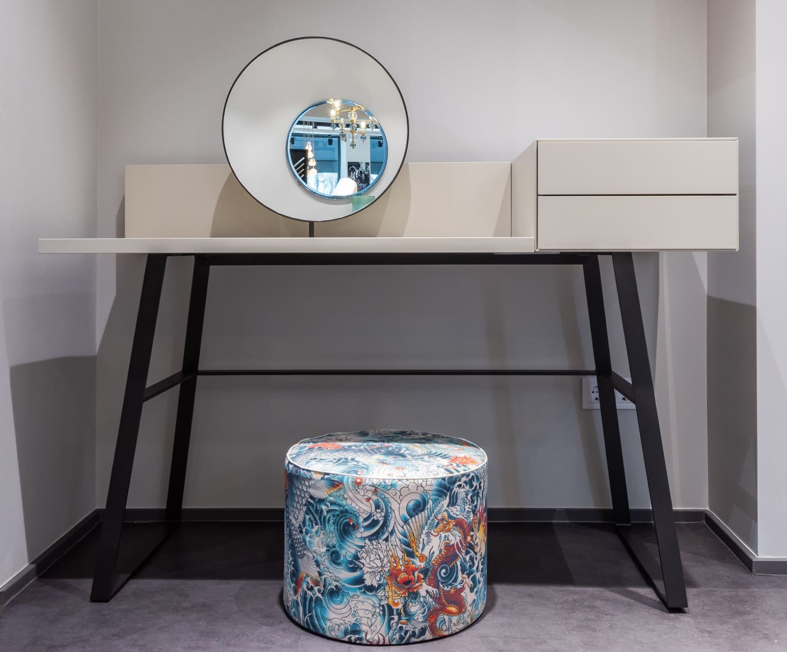 White vanity desk with drawers showing typical tabletop height and depth
